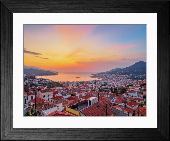 Framed Print : Ano Vathy and Samos Town at sunset, elevated view, Samos Island, North Aegean, Greece Framed Print : Ano Vathy and Samos Town at sunset, elevated view, Samos Island, North Aegean, Greece