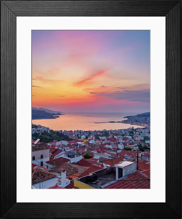Framed Print : Ano Vathy and Samos Town at sunset, elevated view, Samos Island, North Aegean, Greece Framed Print : Ano Vathy and Samos Town at sunset, elevated view, Samos Island, North Aegean, Greece