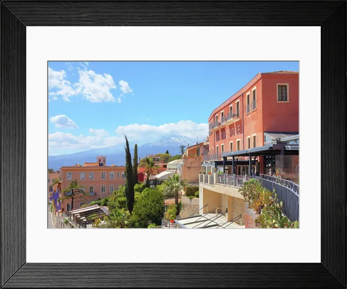 Framed Print : View of mount Etna and Metropole hotel from Piazza IX Aprile, Taormina, Sicily, Italy