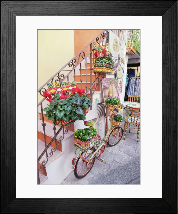 Framed Print : Old town alley filled with artwork and decorations, Taormina, Sicily, Italy Framed Print : Old town alley filled with artwork and decorations, Taormina, Sicily, Italy