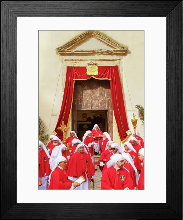 Framed Print : Confraternity of penitents gathering outside San Leonardo church, Enna, Siclly, Italy Framed Print : Confraternity of penitents gathering outside San Leonardo church, Enna, Siclly, Italy