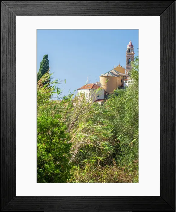 Framed Print : Europe, Italy, Liguria, A glimps of Cervo and its church from the hiking path Framed Print : Europe, Italy, Liguria, A glimps of Cervo and its church from the hiking path