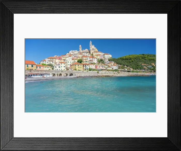 Framed Print : Europe, Italy, Liguria, The beautiful skyline of Cervo seen from the beach