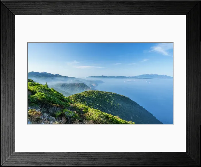 Framed Print : Europe, Italy, Tuscany. Elba Island, view from the GTE footpath towards Portoferraio and the mountains of the island