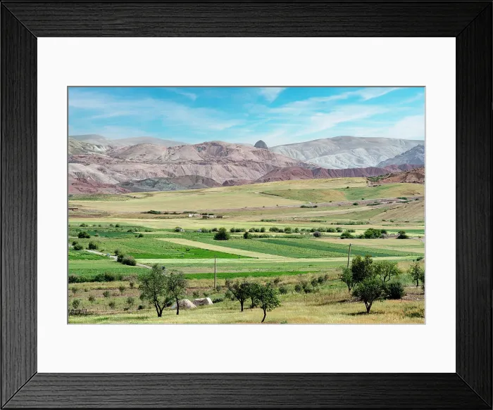 Framed Print : Agricultural fields in the green valley with Rif mountain range on background, Morocco, North Africa Framed Print : Agricultural fields in the green valley with Rif mountain range on background, Morocco, North Africa