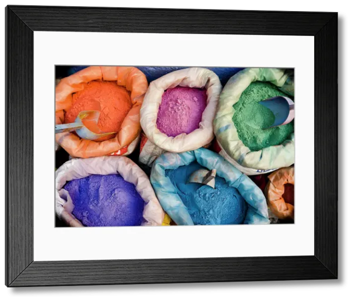 Framed Print : Overhead view of colored powders for textile dyes in the street markets, Morocco Framed Print : Overhead view of colored powders for textile dyes in the street markets, Morocco