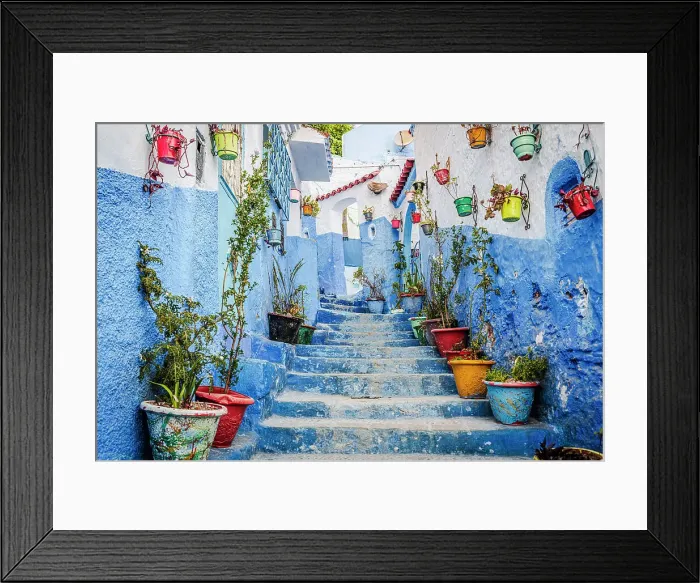 Framed Print : Blue staircase and colorful potted plant, Chefchaouen, Morocco Framed Print : Blue staircase and colorful potted plant, Chefchaouen, Morocco
