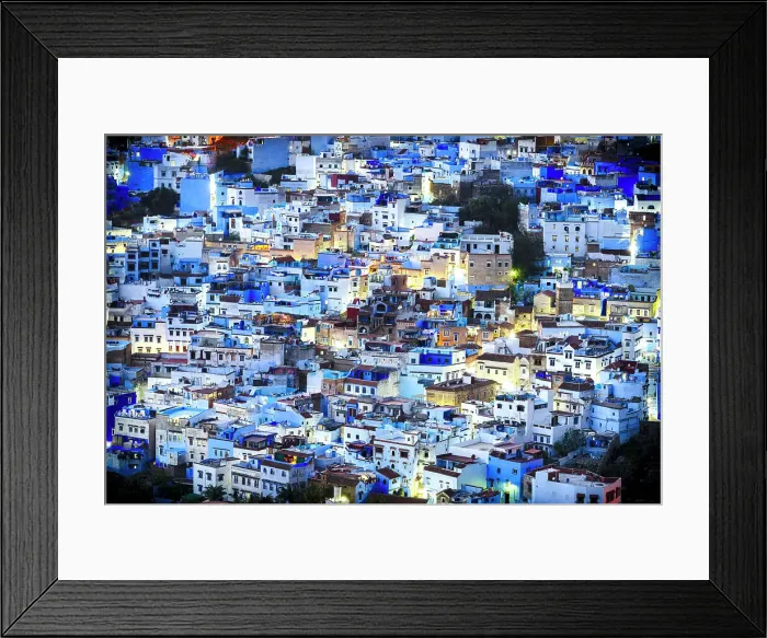 Framed Print : Illuminated crowded blue houses of Chefchaouen viewed from a hill at night, Morocco Framed Print : Illuminated crowded blue houses of Chefchaouen viewed from a hill at night, Morocco