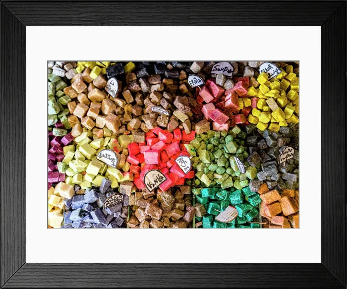 Framed Print : Variety of natural handmade soaps for sale in the souk of medina old town, overhead view, Morocco Framed Print : Variety of natural handmade soaps for sale in the souk of medina old town, overhead view, Morocco