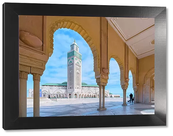 Arch frame and colonnade of the islamic Minaret of the Hassan II Mosque, Casablanca, Morocco