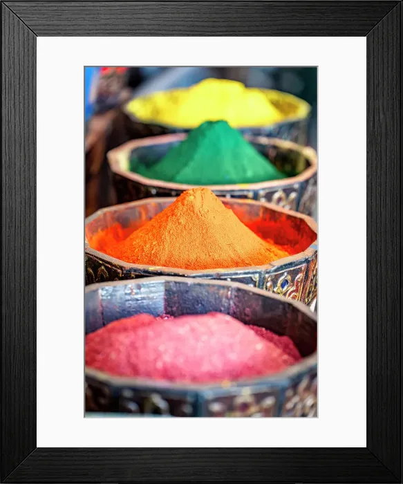 Framed Print : Colorful scented spices in cone shape in a row, Marrakesh, Morocco Framed Print : Colorful scented spices in cone shape in a row, Marrakesh, Morocco