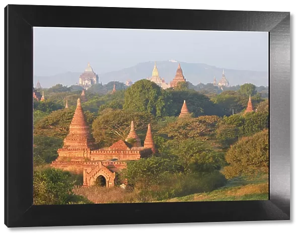 The Bagan Valley archaeological area temples at sunrise, Old Bagan, Mandalay Region, Myanmar. Bagan was declared a UNESCO World Heritage Site in 2019