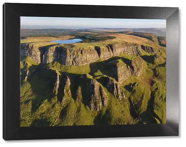 Aerial view of Binevenagh Mountain in County Antrim, Northern Ireland. Autumn (November) 2022