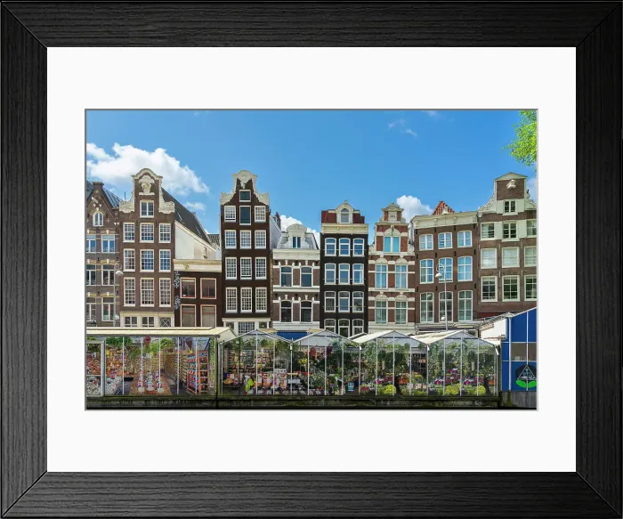Framed Print : Typical houses and flower market Bloemenmarkt on Singel canal, Amsterdam, Netherlands Framed Print : Typical houses and flower market Bloemenmarkt on Singel canal, Amsterdam, Netherlands