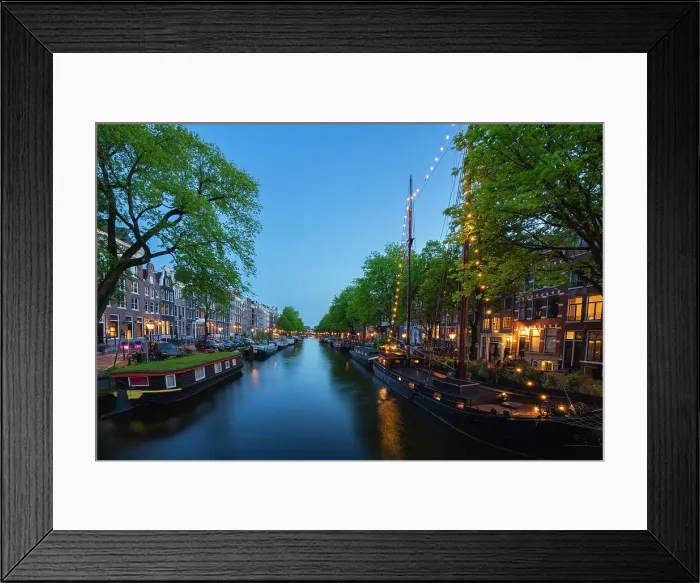 Framed Print : Boats and houses along Brouwersgracht canal at twilight, De Wallen, Amsterdam, Netherlands