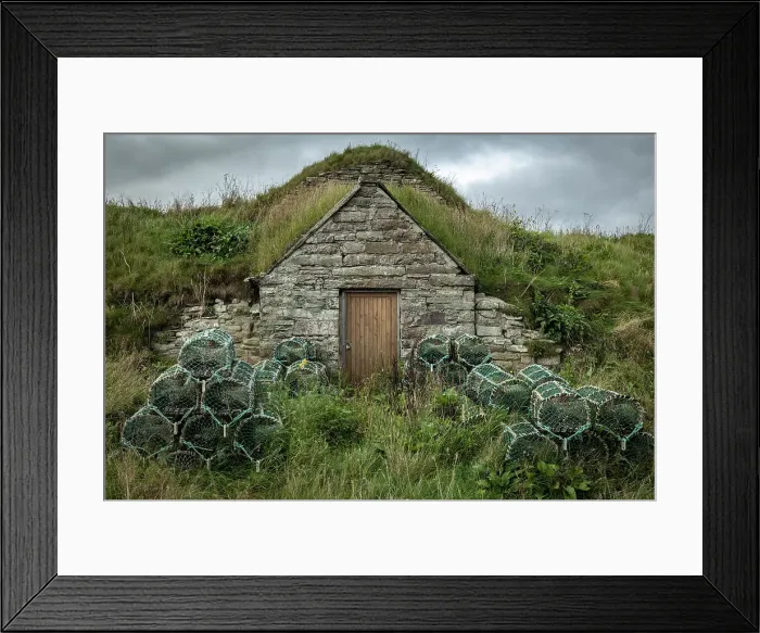 Framed Print : Stone fisherman's hut and lobster pots in the village of Keiss, Caithness, Scotland. Autumn (September) 2022 Framed Print : Stone fisherman's hut and lobster pots in the village of Keiss, Caithness, Scotland. Autumn (September) 2022