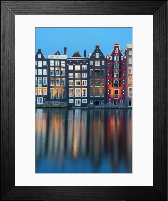 Framed Print : Dancing houses near river at twilight, Damrak, Amsterdam, Netherlands