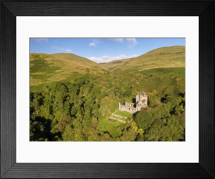 Framed Print : Aerial view of Castle Campbell near Dollar in Clackmannanshire, Scotland. Autumn (September) 2022 Framed Print : Aerial view of Castle Campbell near Dollar in Clackmannanshire, Scotland. Autumn (September) 2022