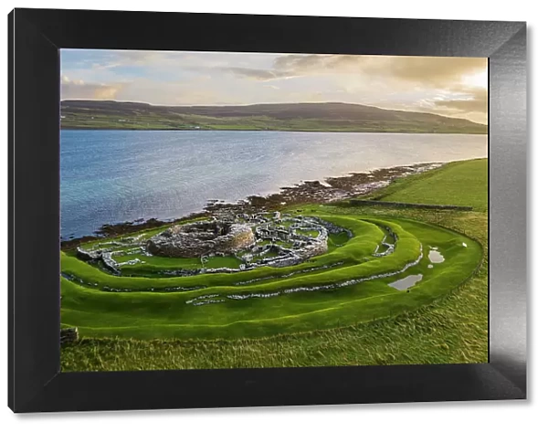 Aerial view of the Broch of Gurness, an Iron Age settlement on Mainland, Orkney, Scotland. Autumn (October) 2022