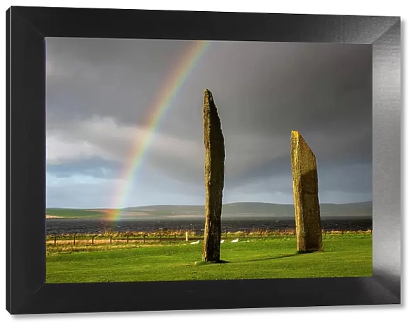 Rainbow over the Standing Stones of Stenness on Mainland, Orkney, Scotland. Autumn (October) 2022