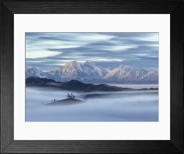 Framed Print : Church of St. Thomas and the Kamnik Alps at night lit by the full moon, Skofja Loka, Slovenia