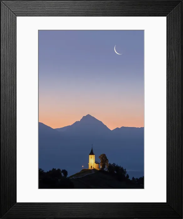 Framed Print : Summer sunrise and moonrise over Church of St. Primoz, Jamnik, Slovenia Framed Print : Summer sunrise and moonrise over Church of St. Primoz, Jamnik, Slovenia