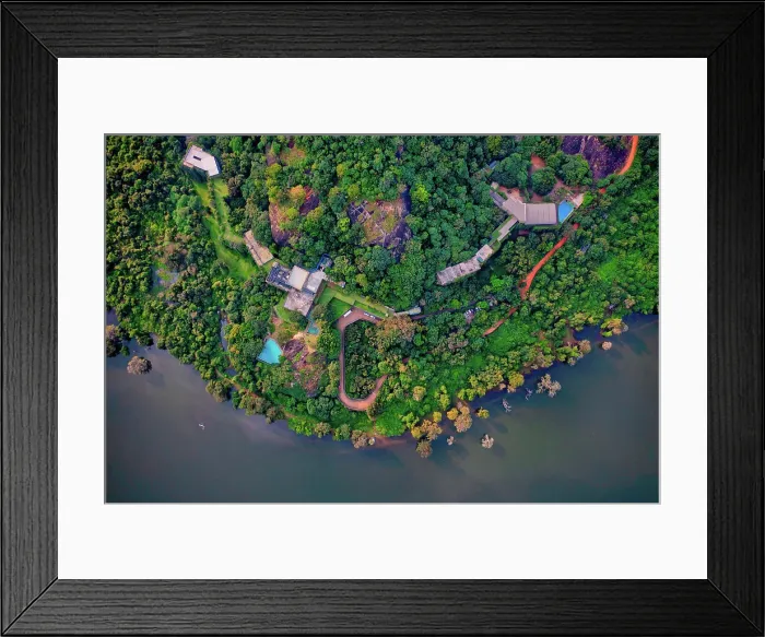 Framed Print : Aerial view of buildings along the coast with forest at Kandalama Reserve, Sri Lanka Framed Print : Aerial view of buildings along the coast with forest at Kandalama Reserve, Sri Lanka