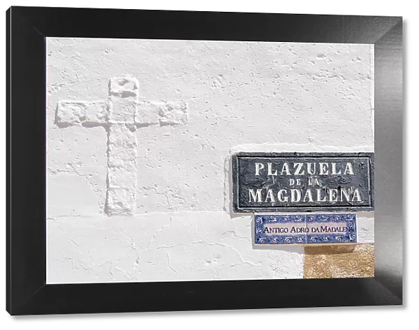 Plazuela de la Magdalena street name signs in Spanish and Portuguese, Olivenza, Badajoz, Extremadura, Spain