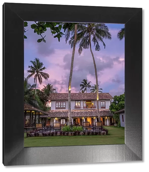 Asia, Sri Lanka, Southern Province, Balapitiya beach, Sundara by Mosvold Balapitiya boutique hotel at dusk; no people