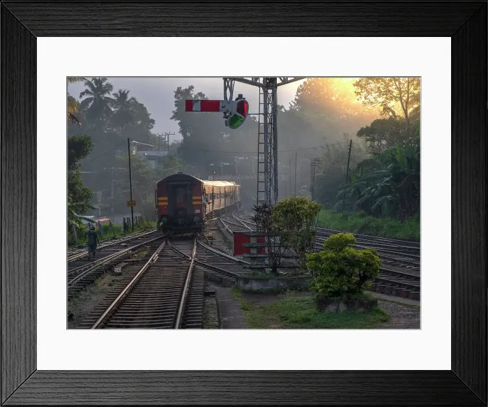 Framed Print : Asia, Sri Lanka, Kandy, railway train departing station at dawn; tea train, railroad, railway station Framed Print : Asia, Sri Lanka, Kandy, railway train departing station at dawn; tea train, railroad, railway station
