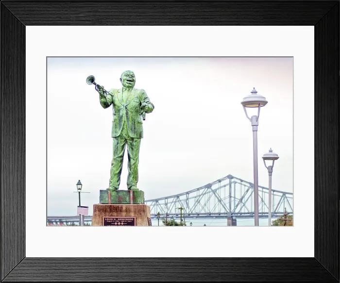 Framed Print : Statue of Louis Armstrong, Jazz Walk of Fame located in Algiers Point across the Mississippi River from New Orleans, The Crescent City Connection (twin cantilever bridges), Louisiana, USA Framed Print : Statue of Louis Armstrong, Jazz Walk of Fame located in Algiers Point across the Mississippi River from New Orleans, The Crescent City Connection (twin cantilever bridges), Louisiana, USA