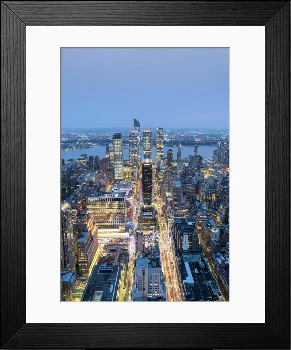 Framed Print : USA, New York, NYC; Elevated View of Hudson Yards, PENN 1 & Hudson River with New Jersey; illuminated buildings: One Penn Plaza
