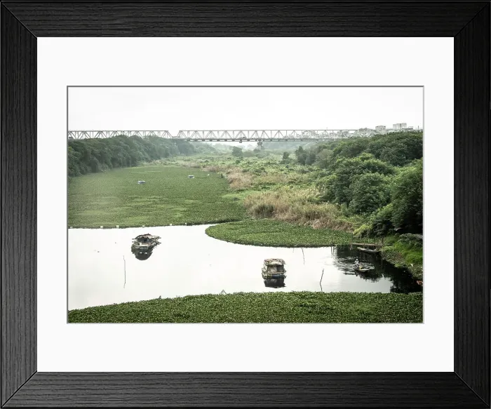 Framed Print : Long Bien Bridge and marshes by the Red River, Hanoi, Vietnam