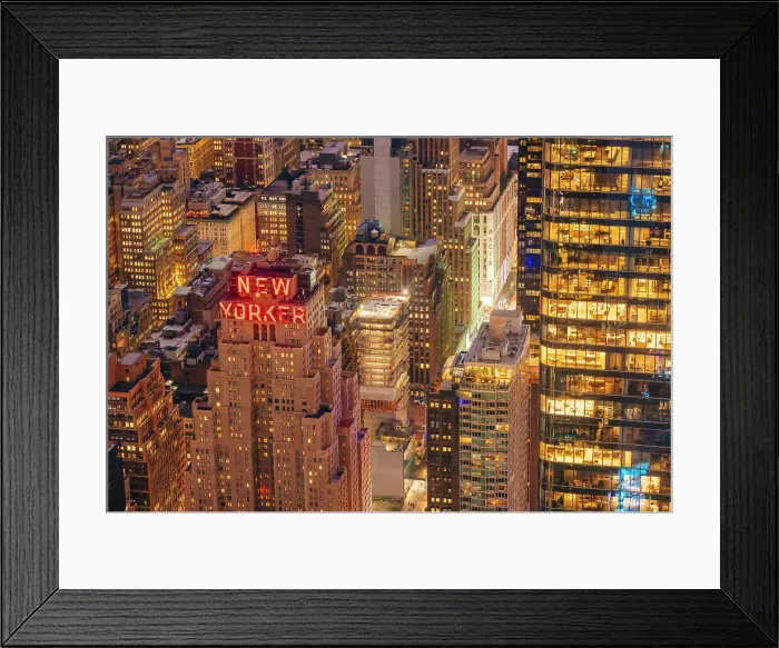 Framed Print : USA, New York City, skyline with the New Yorker red sign from above Framed Print : USA, New York City, skyline with the New Yorker red sign from above