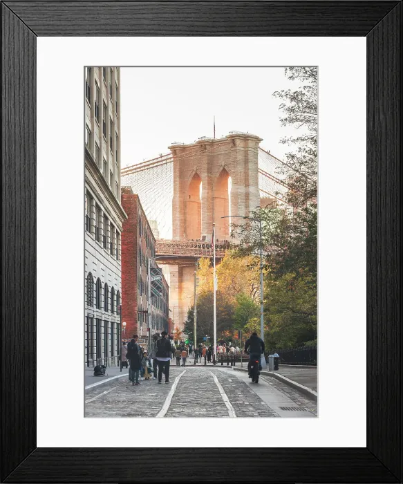 Framed Print : USA, New York City, People walking in Dumbo district (Brooklyn) with the Brooklyn bridge in the background Framed Print : USA, New York City, People walking in Dumbo district (Brooklyn) with the Brooklyn bridge in the background