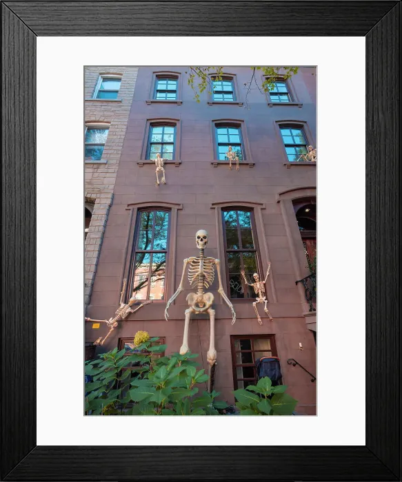 Framed Print : USA, New York City, Halloween decoration along the streets of Manhattan, New York with a fake skeleton hanging from the windows Framed Print : USA, New York City, Halloween decoration along the streets of Manhattan, New York with a fake skeleton hanging from the windows