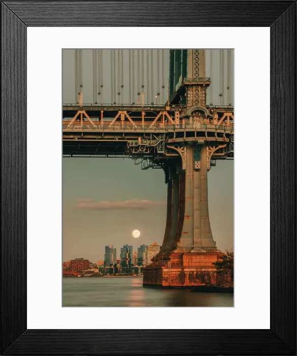 Framed Print : USA, New York City, view of the Moon rising behind the Manhattan Bridge Framed Print : USA, New York City, view of the Moon rising behind the Manhattan Bridge