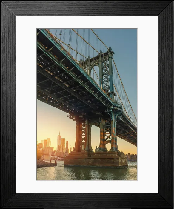 Framed Print : USA, New York City, view from below of the Manhattan bridge with the sun setting on lower Manhattan Framed Print : USA, New York City, view from below of the Manhattan bridge with the sun setting on lower Manhattan