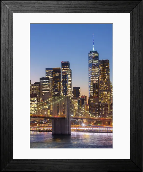 Framed Print : USA, New York City, elevated view of the Brooklyn bridge with the traffic lights and the Freedom tower in the background Framed Print : USA, New York City, elevated view of the Brooklyn bridge with the traffic lights and the Freedom tower in the background