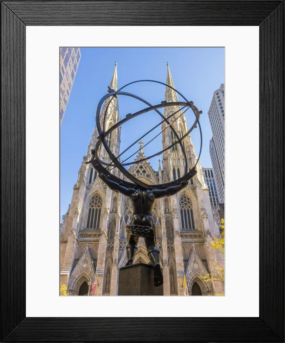 Framed Print : USA, New York City, View of the Atlas Statue near Rockefeller Center with St. Patrick Cathedral in the background Framed Print : USA, New York City, View of the Atlas Statue near Rockefeller Center with St. Patrick Cathedral in the background