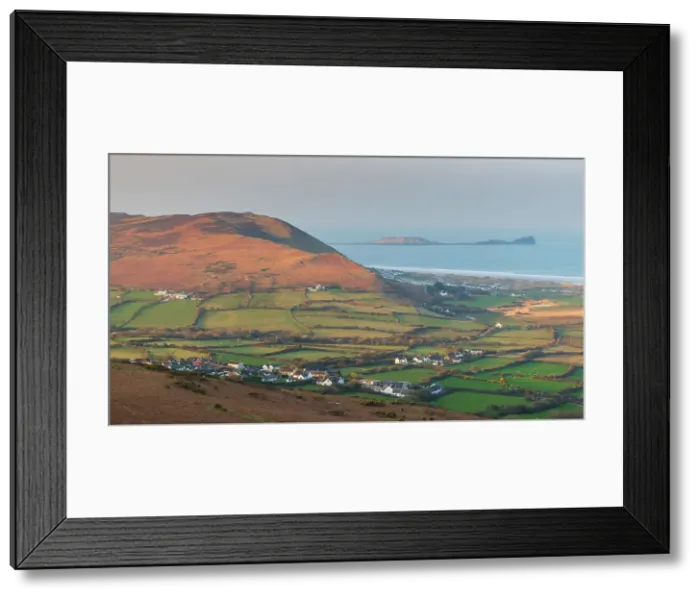 Framed Print : View from Llanmadoc Hill over the village of Llangennith towards Rhossili Bay and Worm's Head, Gower Peninsula, South Wales, UK. Spring (March) 2022 Framed Print : View from Llanmadoc Hill over the village of Llangennith towards Rhossili Bay and Worm's Head, Gower Peninsula, South Wales, UK. Spring (March) 2022