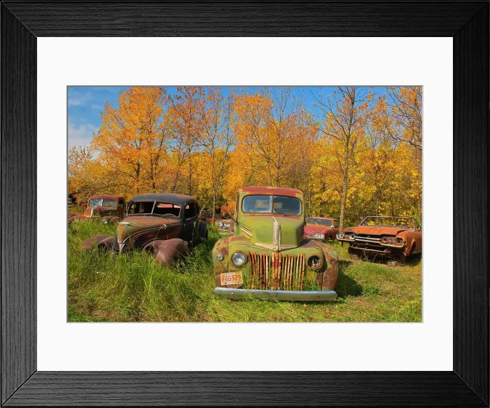 Framed Print : Vintage old vehicle in wrecking yard St. Lupicin, Manitoba, Canada