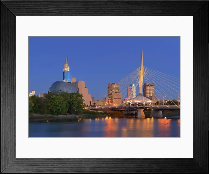 Framed Print : Canadian Museum for Human Rights (CMHR) and the Esplanade Riel Bridge and the Red River at dawn, Winnipeg, Manitoba, Canada Framed Print : Canadian Museum for Human Rights (CMHR) and the Esplanade Riel Bridge and the Red River at dawn, Winnipeg, Manitoba, Canada