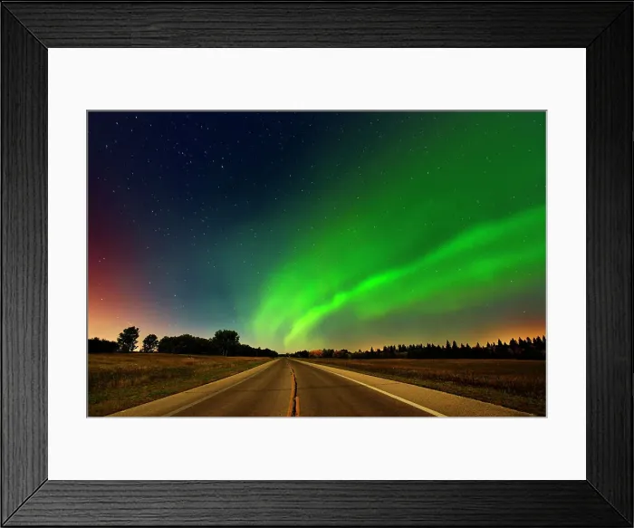 Framed Print : Northern lights or aurora borealis and road Birds Hill Provincial Park, Manitoba, Canada Framed Print : Northern lights or aurora borealis and road Birds Hill Provincial Park, Manitoba, Canada
