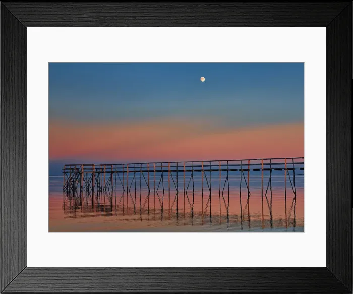 Framed Print : Pier on Lake Winnipeg at dusk with moon. Matlock, Manitoba, Canada Framed Print : Pier on Lake Winnipeg at dusk with moon. Matlock, Manitoba, Canada