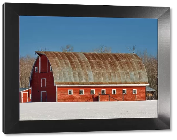 Red barn in winter Elma, Manitoba, Canada