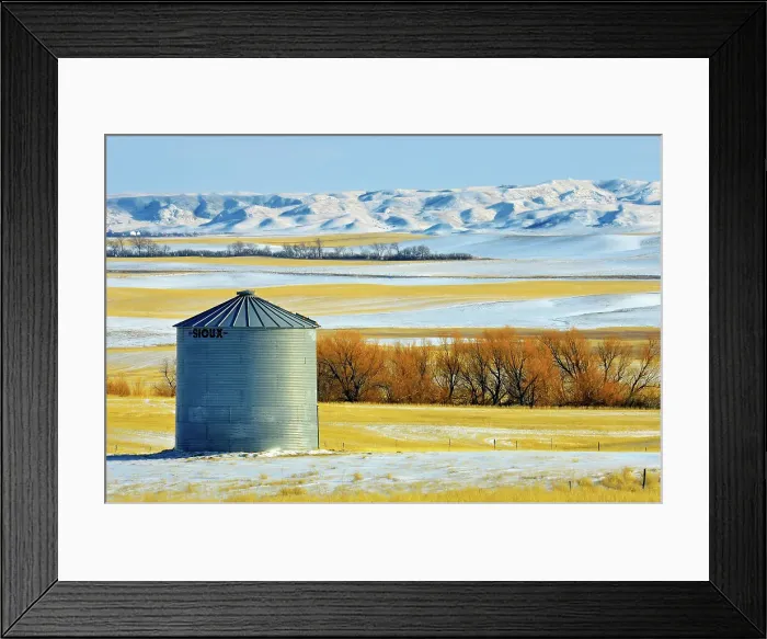 Framed Print : Grain bin and Big Muddy Badlands in background in winter south of Bengough, Saskatchewan, Canada Framed Print : Grain bin and Big Muddy Badlands in background in winter south of Bengough, Saskatchewan, Canada