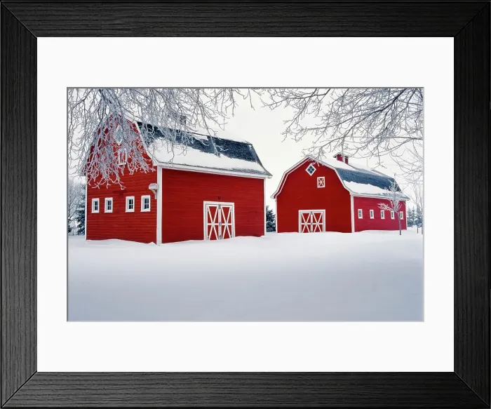 Framed Print : Two red barns and hoarfrost near Oakbank, Manitoba, Canada Framed Print : Two red barns and hoarfrost near Oakbank, Manitoba, Canada