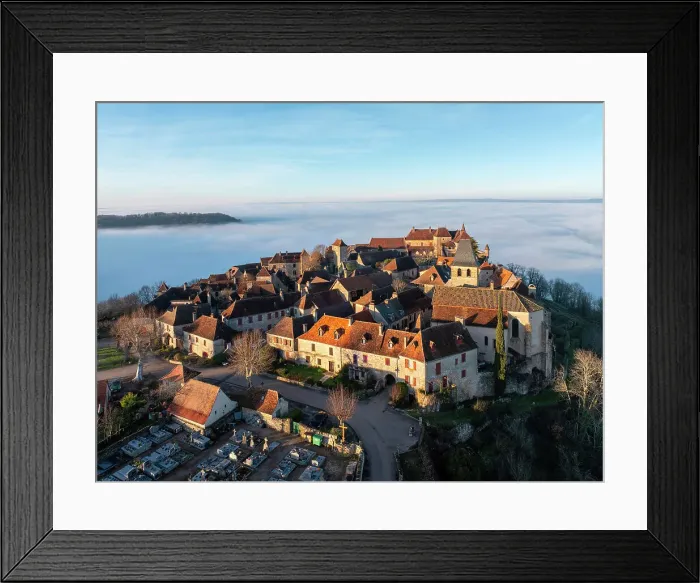 Framed Print : Aerial view of the hilltop village of Loubressac above the fog, Loubressac, Lot, Occitanie, France