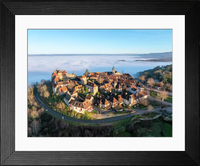 Framed Print : Aerial view of the hilltop village of Loubressac above the fog, Loubressac, Lot, Occitanie, France